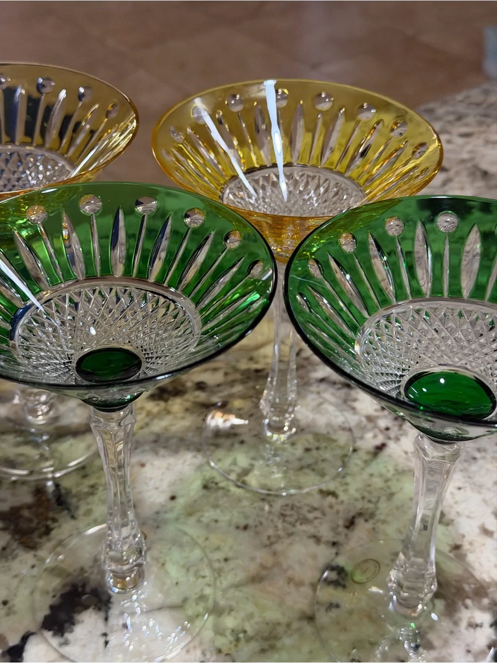 Vtg Handmade Hungarian Martini Glasses Set of 4 Emerald Green & Yellow Crystal
